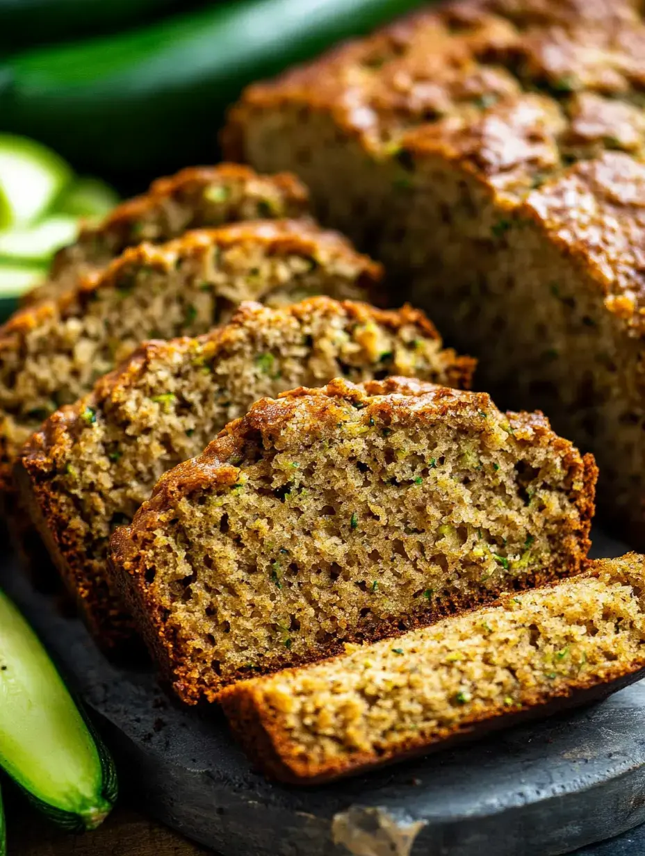 Zucchinibrot aufgeschnitten auf dunkler Platte, hinten liegen ganze Zucchini.