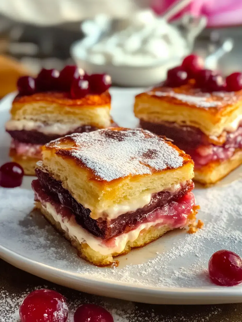 Nahaufnahme von Blätterteigschnitten mit Creme und Fruchtfüllung, dazu Kirschen und Puderzucker auf weißem Teller.