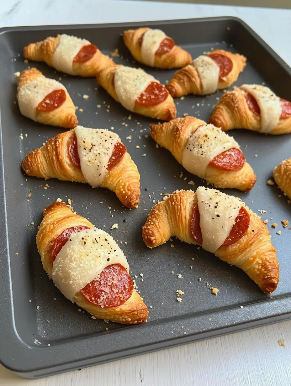 Ein Blech mit goldbraunen Croissants, obenauf Peperoni und geschmolzener Käse, bestreut mit schwarzem Pfeffer.