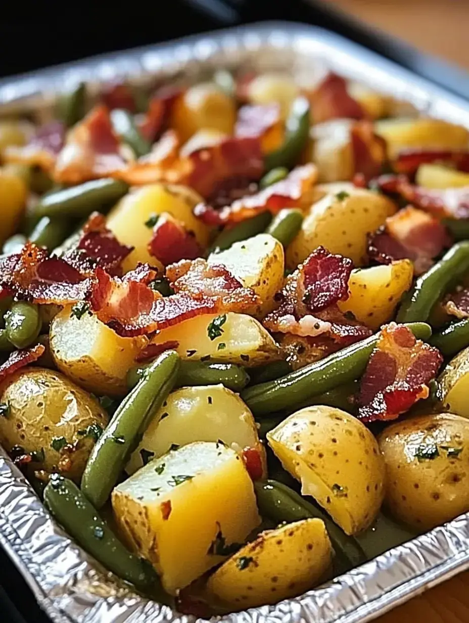 Aluschale voller gegarter Kartoffelwürfel, grüner Bohnen und knusprigem Speck, mit Kräutern bestreut.
