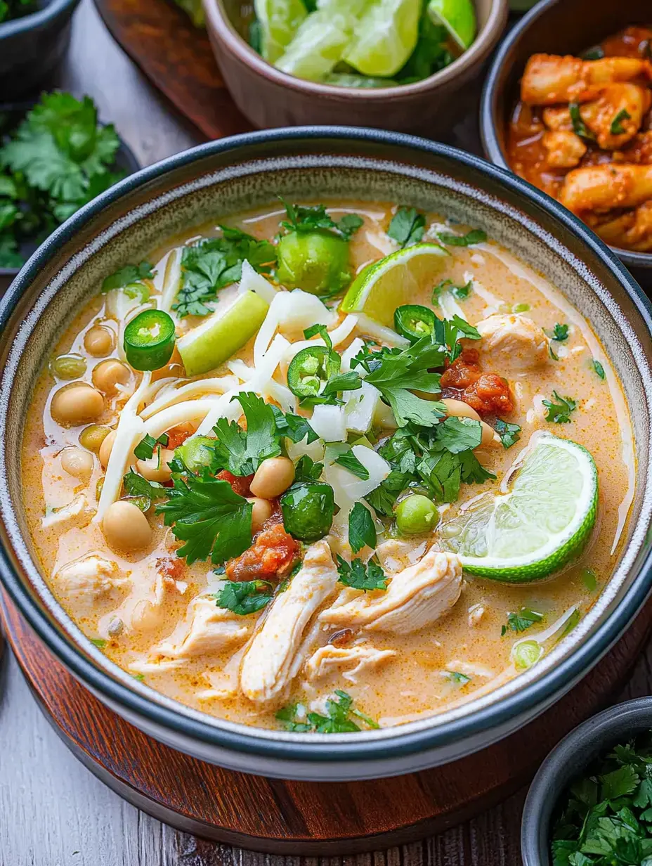 Eine Schale cremige Hähnchensuppe mit frischem Koriander, Limetten, Jalapeño und Nudeln, daneben Schälchen mit Limetten, Salat und würzigen Beilagen.