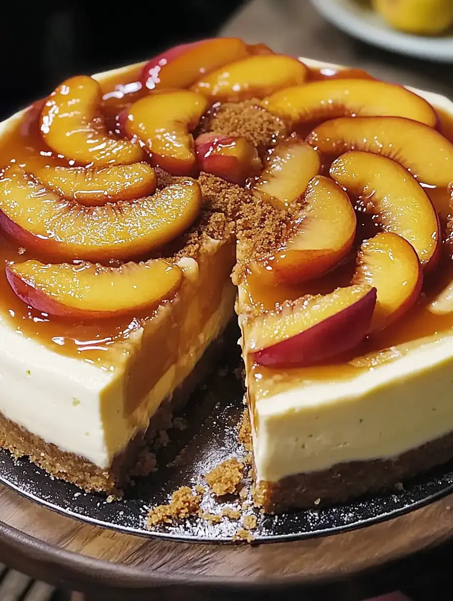 Ein cremiger Käsekuchen mit glänzenden Pfirsichscheiben und goldener Glasur, ein Stück daneben liegend.