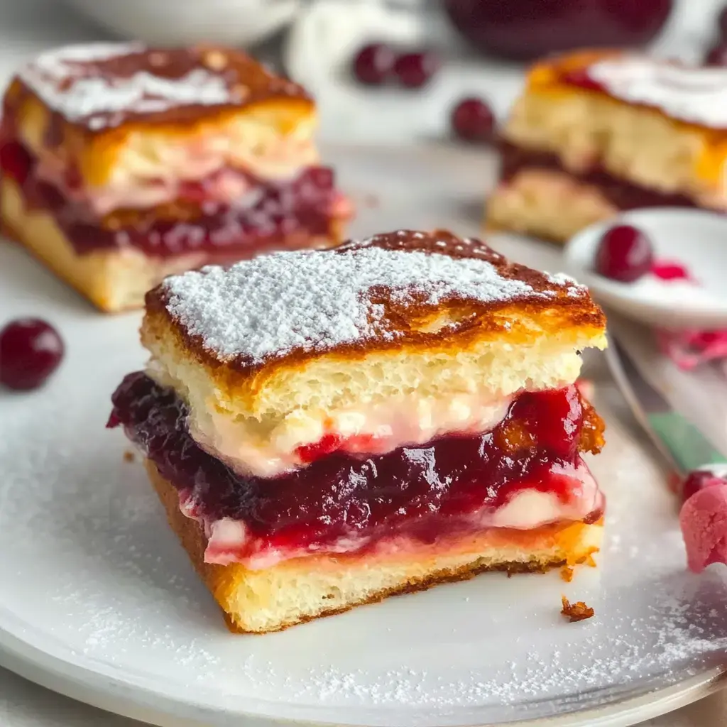 Nahaufnahme eines luftigen Gebäcks mit Creme und Beerenmarmelade, bestäubt mit Puderzucker auf weißem Teller.