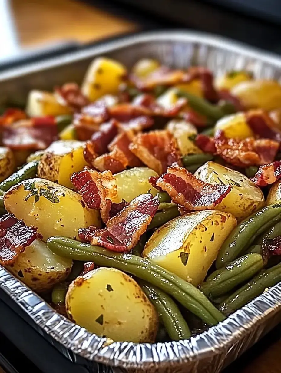 Nahaufnahme von einer Ofenschale mit gerösteten Kartoffeln, grünen Bohnen und knusprigem Speck.