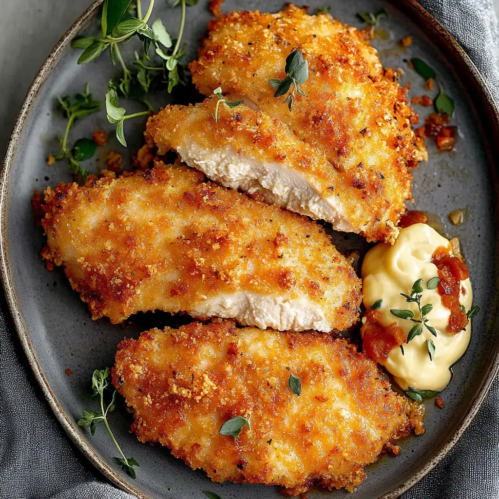 Ein Teller mit knusprig panierten Hähnchenfilets, garniert mit frischen Kräutern, dazu cremige Sauce.