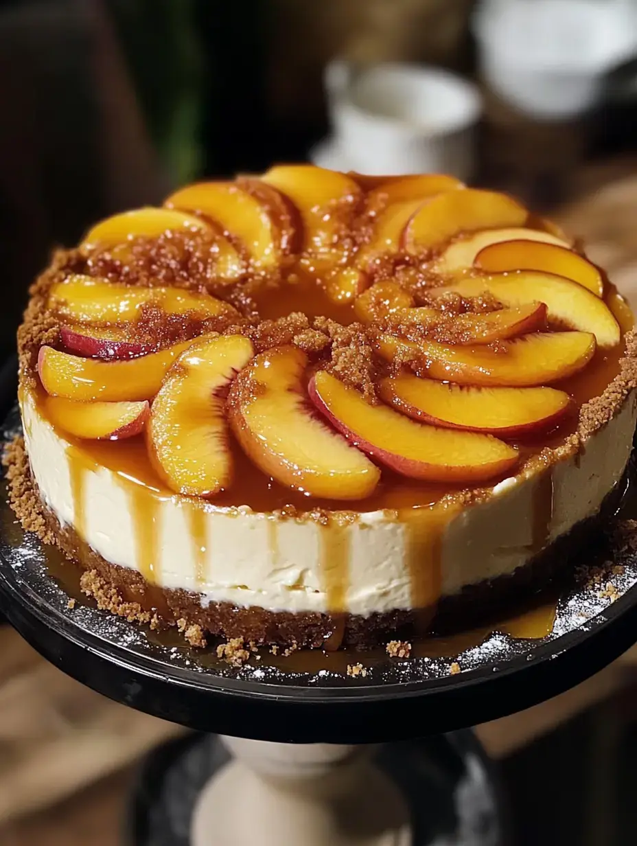 Wunderschön dekorierter Käsekuchen mit Karamellsauce und frischen Pfirsichstückchen auf schwarzer Kuchenplatte.