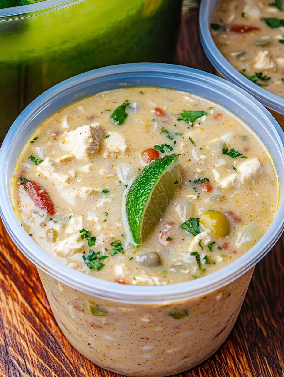 Nahaufnahme: Ein Behälter voller cremiger Hähnchensuppe mit Limette und weiteren Behältern auf Holz.