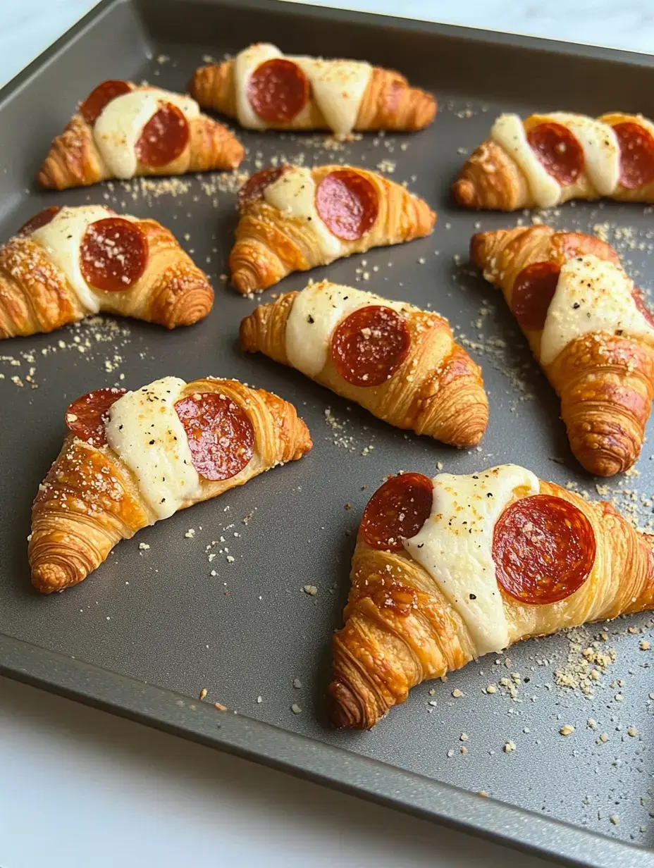 Ein Blech mit frischen Croissants, überbacken mit Peperoni und schmelzendem Käse.