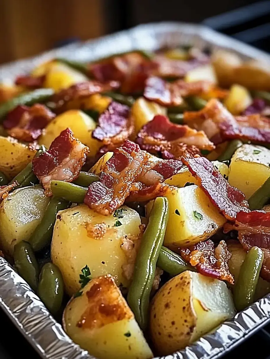 Nahaufnahme einer Portion mit goldgelben Kartoffeln, grünen Bohnen und knusprigem Speck in einer Aluschale.