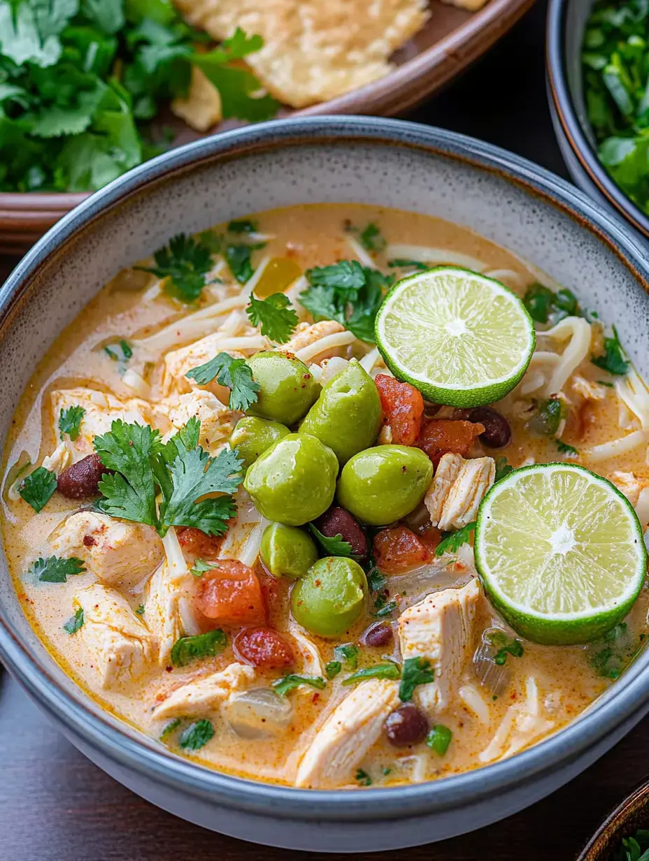 Eine Schüssel cremige Hähnchensuppe mit Limette, Oliven, Tomaten und Koriander, dazu knusprige Tortilla-Chips und frische Kräuter.