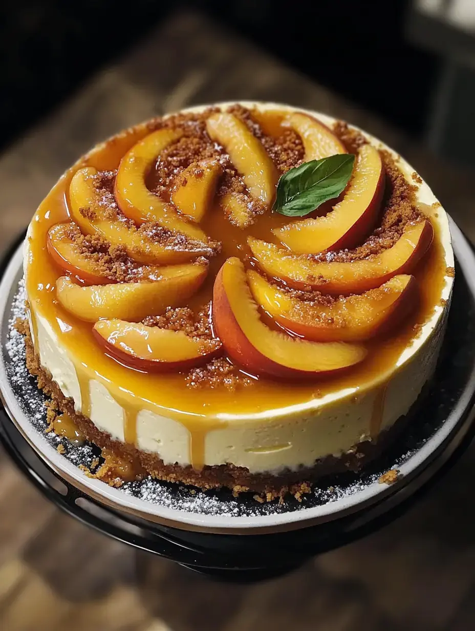 Hübsch verzierter Käsekuchen mit Pfirsichstücken, Karamell und etwas frischer Minze obendrauf.