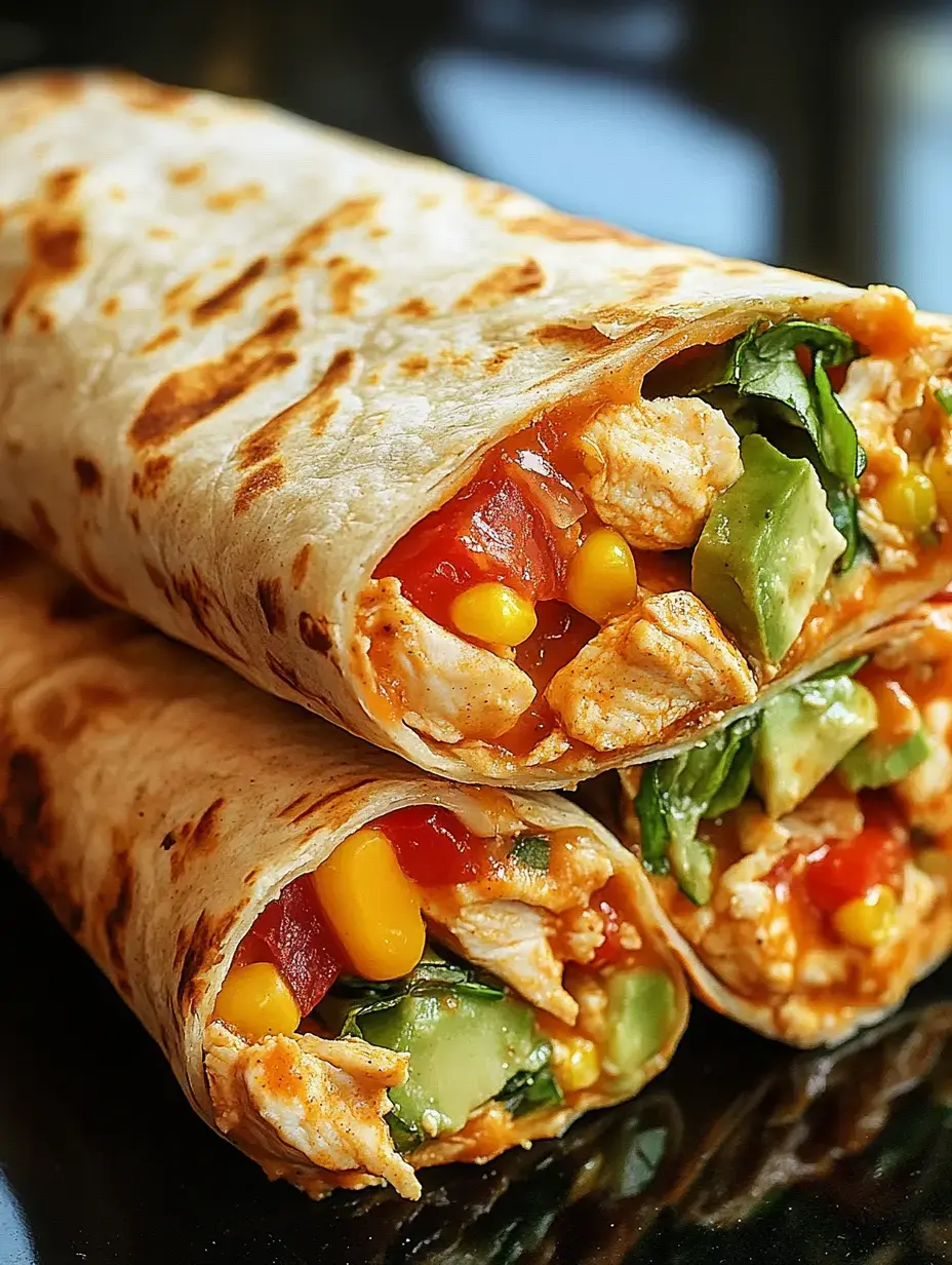 Drei üppig gefüllte Wraps mit Hähnchen, Mais, Tomaten, Gurken und Spinat auf glänzender Fläche gestapelt.