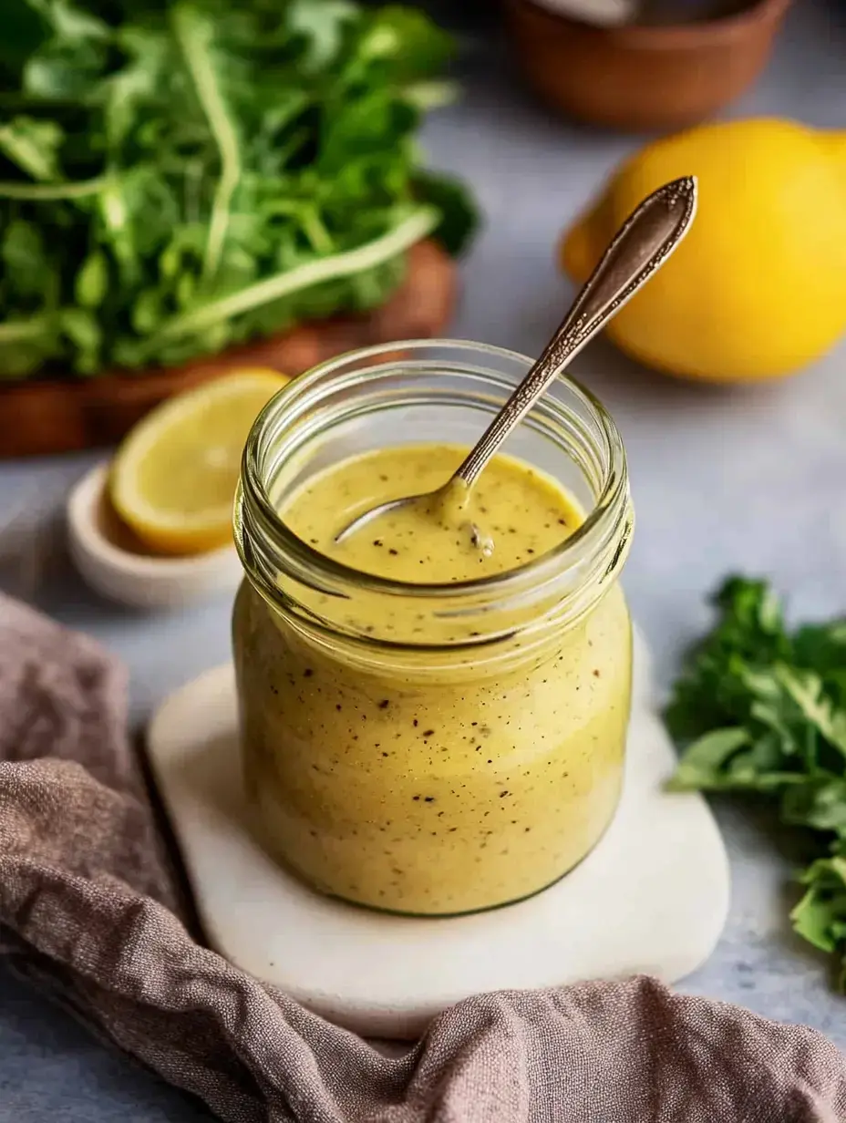 Ein Glas mit cremig-gelbem Dressing auf hellem Untergrund, daneben frische Blätter und Zitronenscheiben.