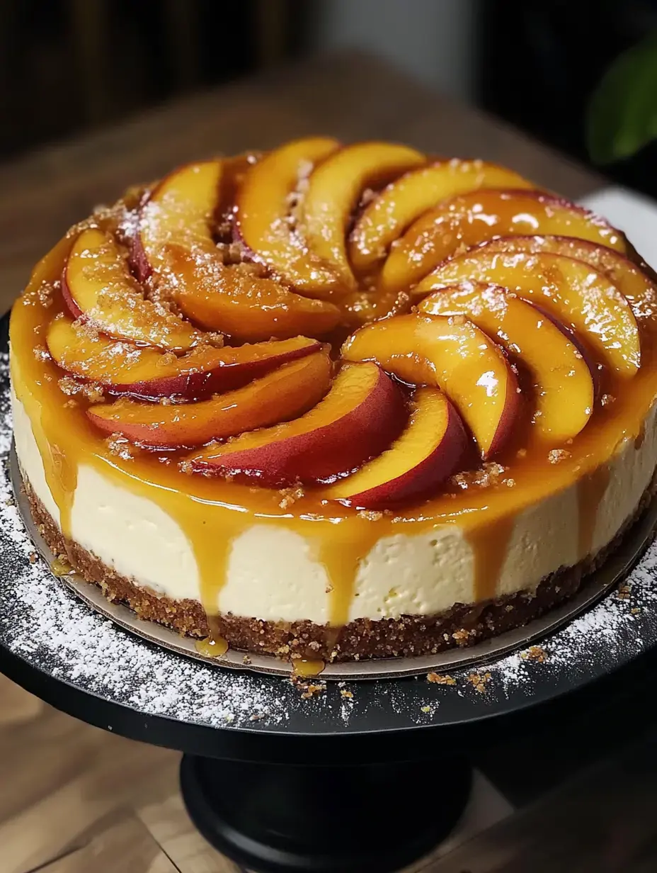 Cremiger Käsekuchen mit Pfirsichstücken und Karamell, schön angerichtet auf einem runden Kuchenständer.