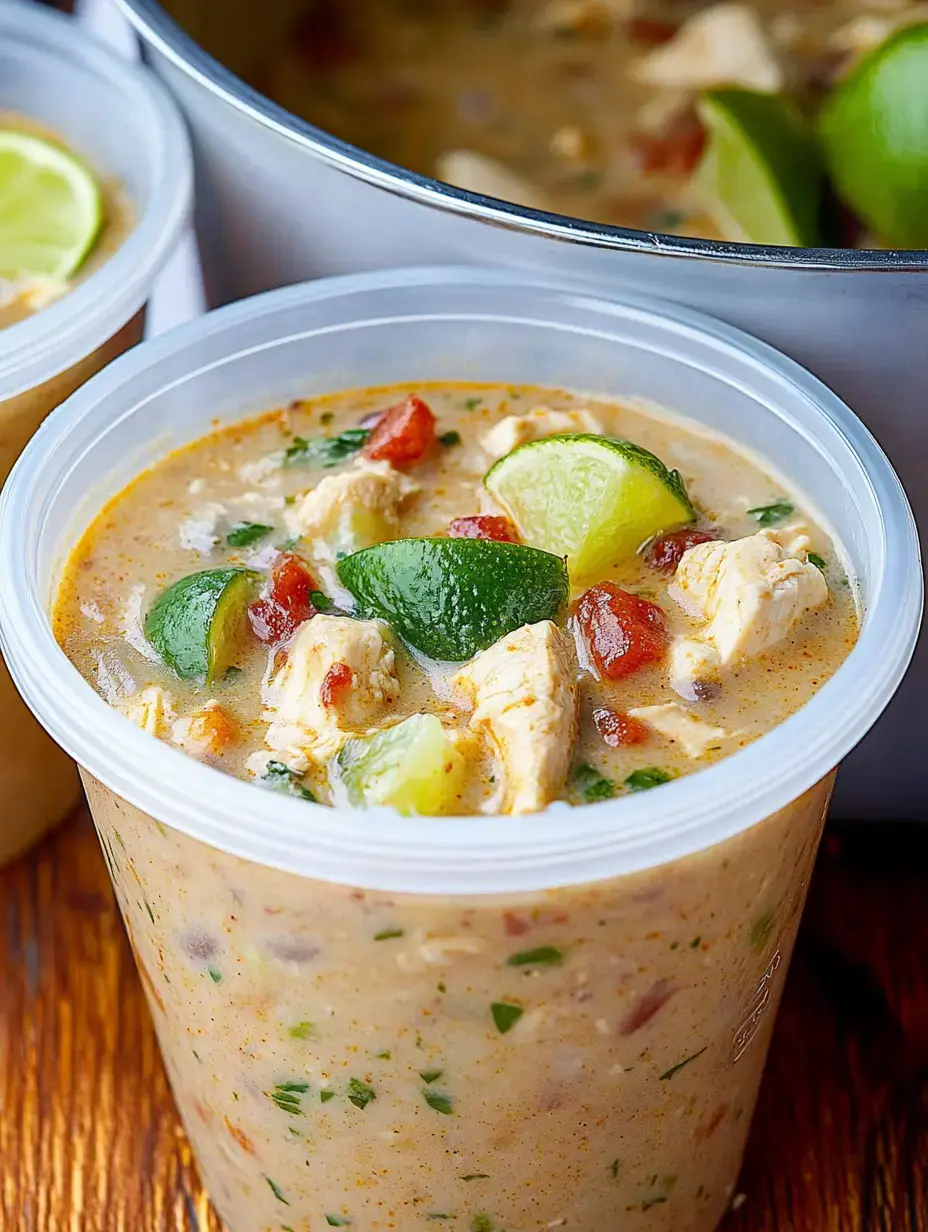 Nahaufnahme: Ein Behälter mit cremiger Hähnchensuppe, garniert mit Limette und Kräutern.