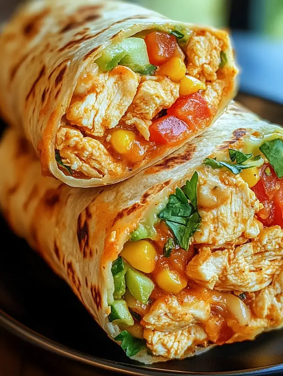 Nahaufnahme von zwei Hähnchen-Wraps mit Gemüse und Kräutern auf dunklem Teller.