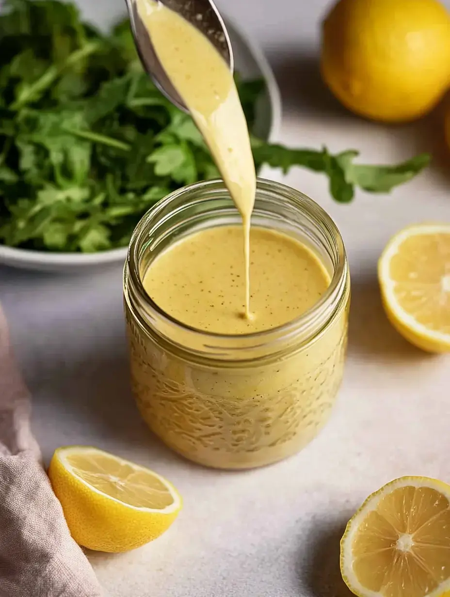 Ein Glas mit sahnig-gelbem Dressing, daneben ein Löffel mit tropfender Soße, frische Blätter und halbierte Zitronen.