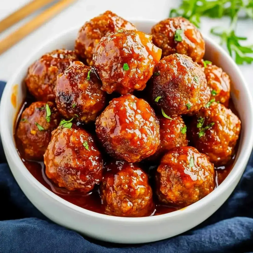 Eine Schale mit glänzenden Frikadellen in dunkler Soße, bestreut mit frischen Kräutern.