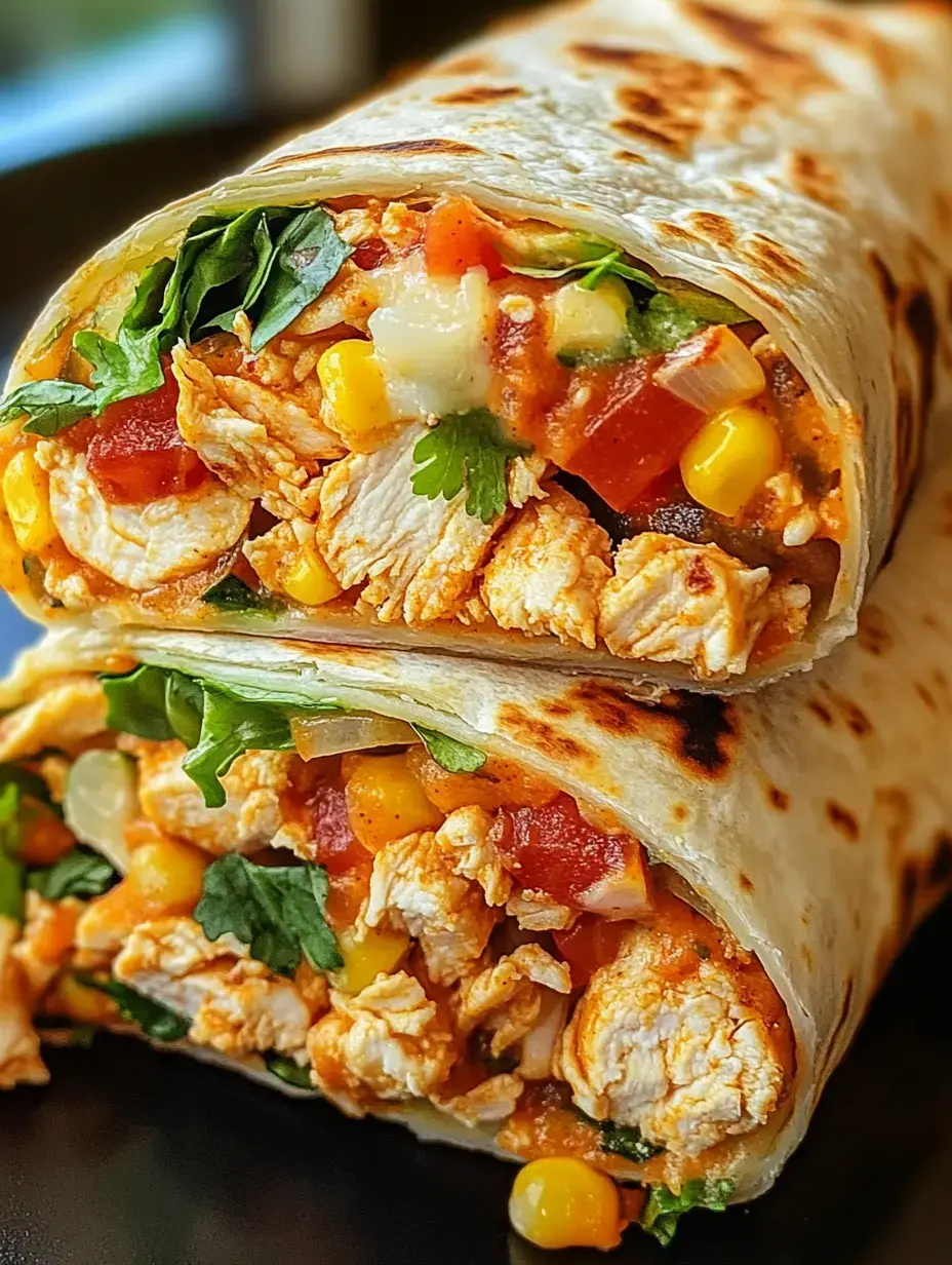Nahaufnahme von einem Wrap, gefüllt mit gezupftem Hähnchen, Mais, Tomaten und Blattsalat.