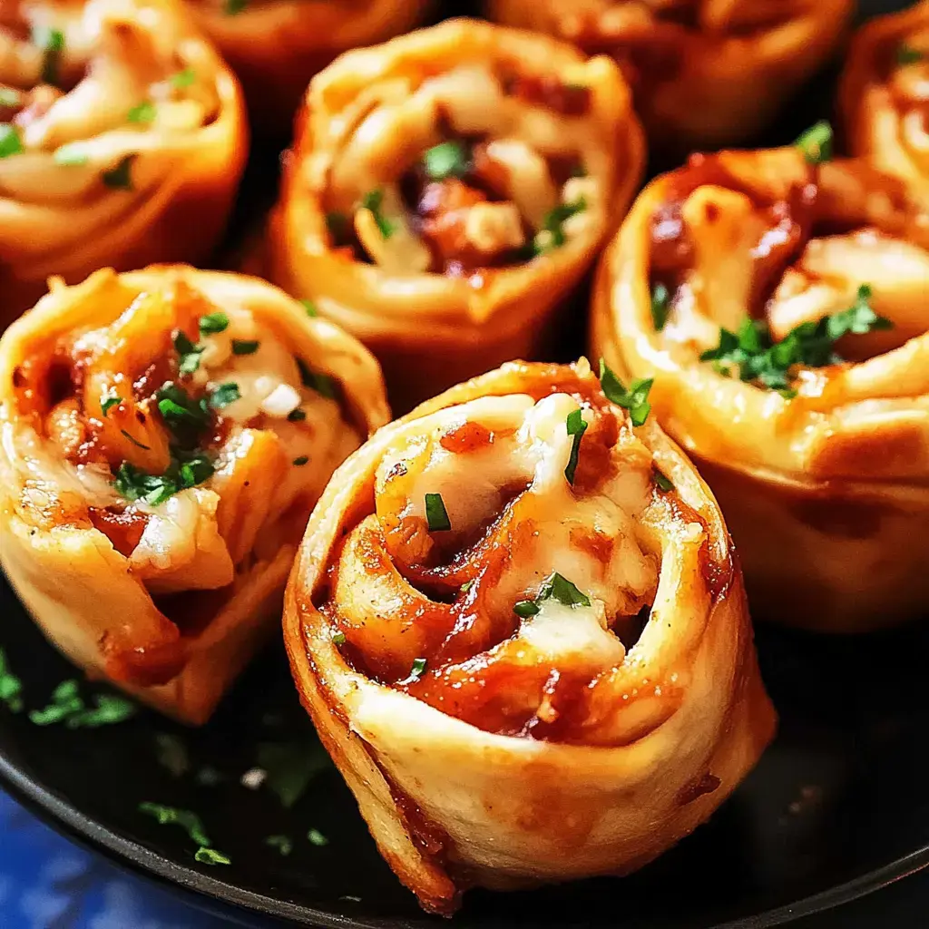 Makro von kleinen Pizzaröllchen mit Käse, Soße und Kräutern auf schwarzem Teller.