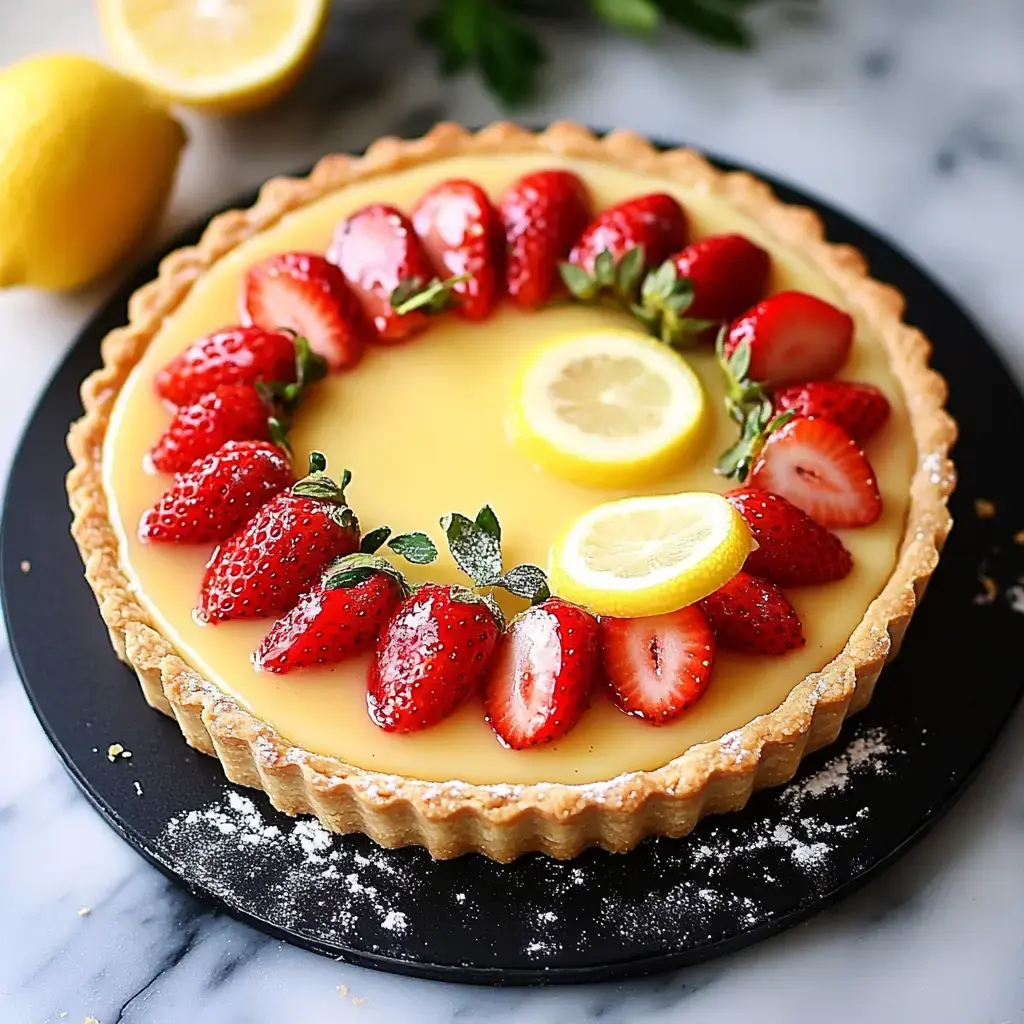Eine Zitronentarte mit Erdbeeren und Zitronenscheiben auf schwarzem Teller.