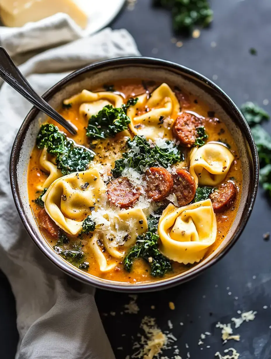 Eine Suppenschüssel mit Tortellini, Wurst und Grünkohl, getoppt mit geriebenem Käse, daneben eine beige Serviette.