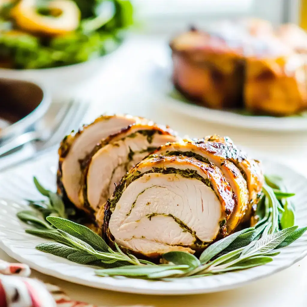 Nahaufnahme von aufgeschnittener, kräutergefüllter Putenroulade mit frischem Grün auf dem Teller.