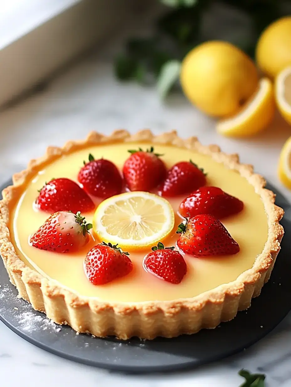 Eine Zitronentarte mit Erdbeeren und Zitronenscheibe auf dunklem Teller, im Hintergrund Zitronen.