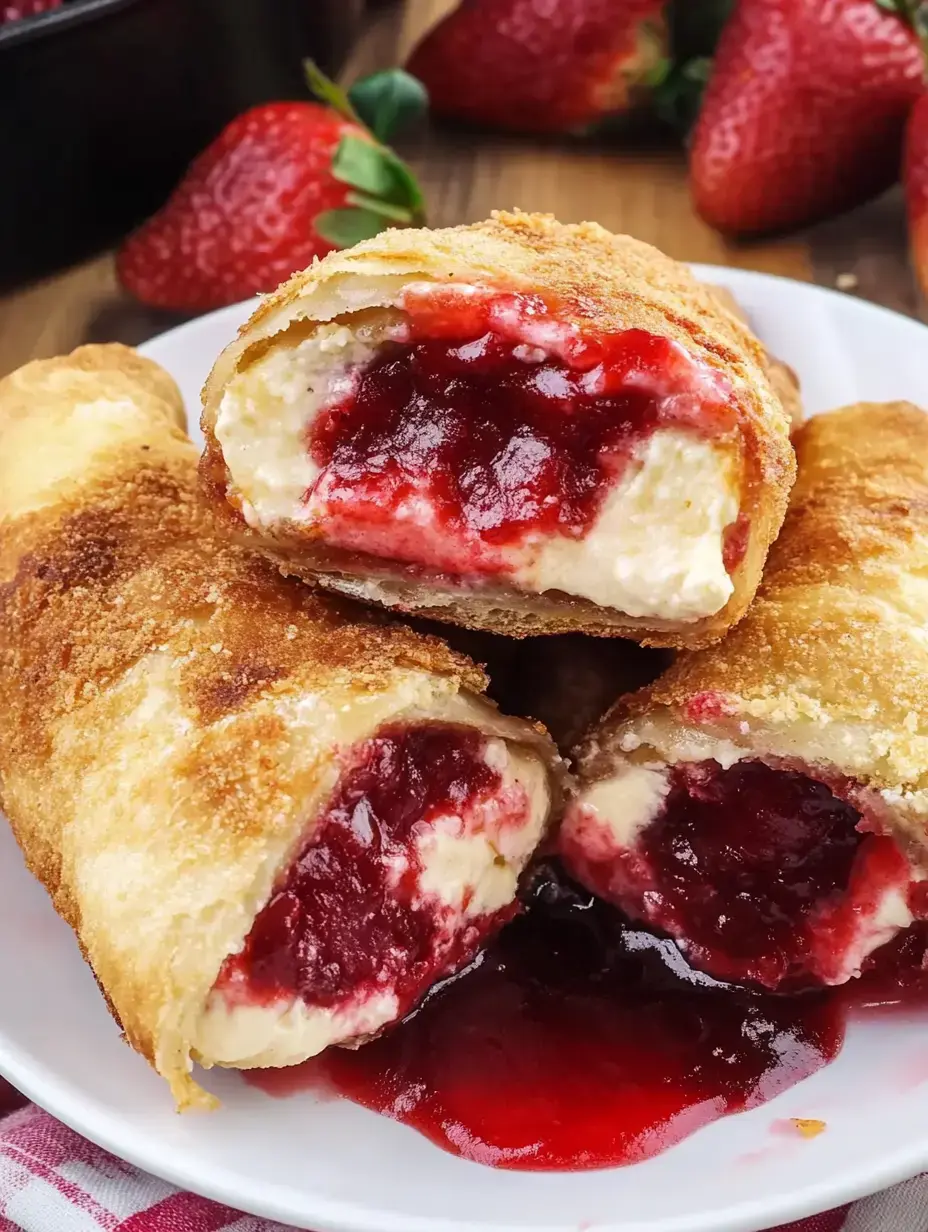Drei knusprige Rollen mit Frischkäse und Erdbeermarmelade, etwas Marmelade läuft auf den Teller.