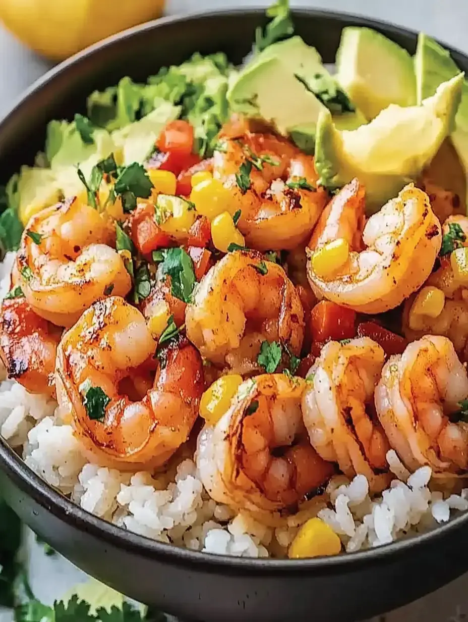 Eine Schüssel Reis mit grillierten Garnelen, Mais, Avocado, Tomaten und frischen Kräutern dekoriert.