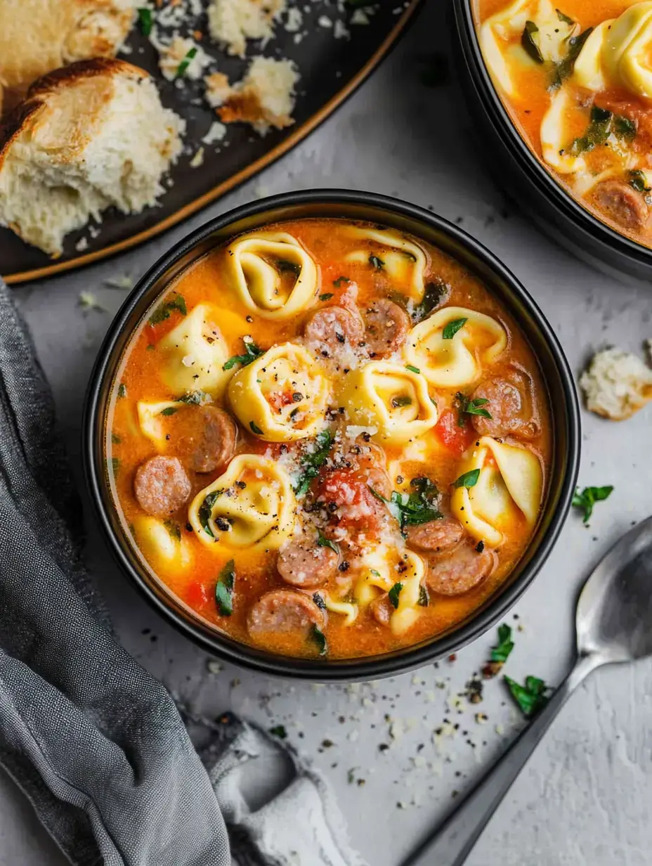 Nahaufnahme einer herzhaften Suppe mit Tortellini, Wurst, Kräutern und Käse, daneben etwas Brot.