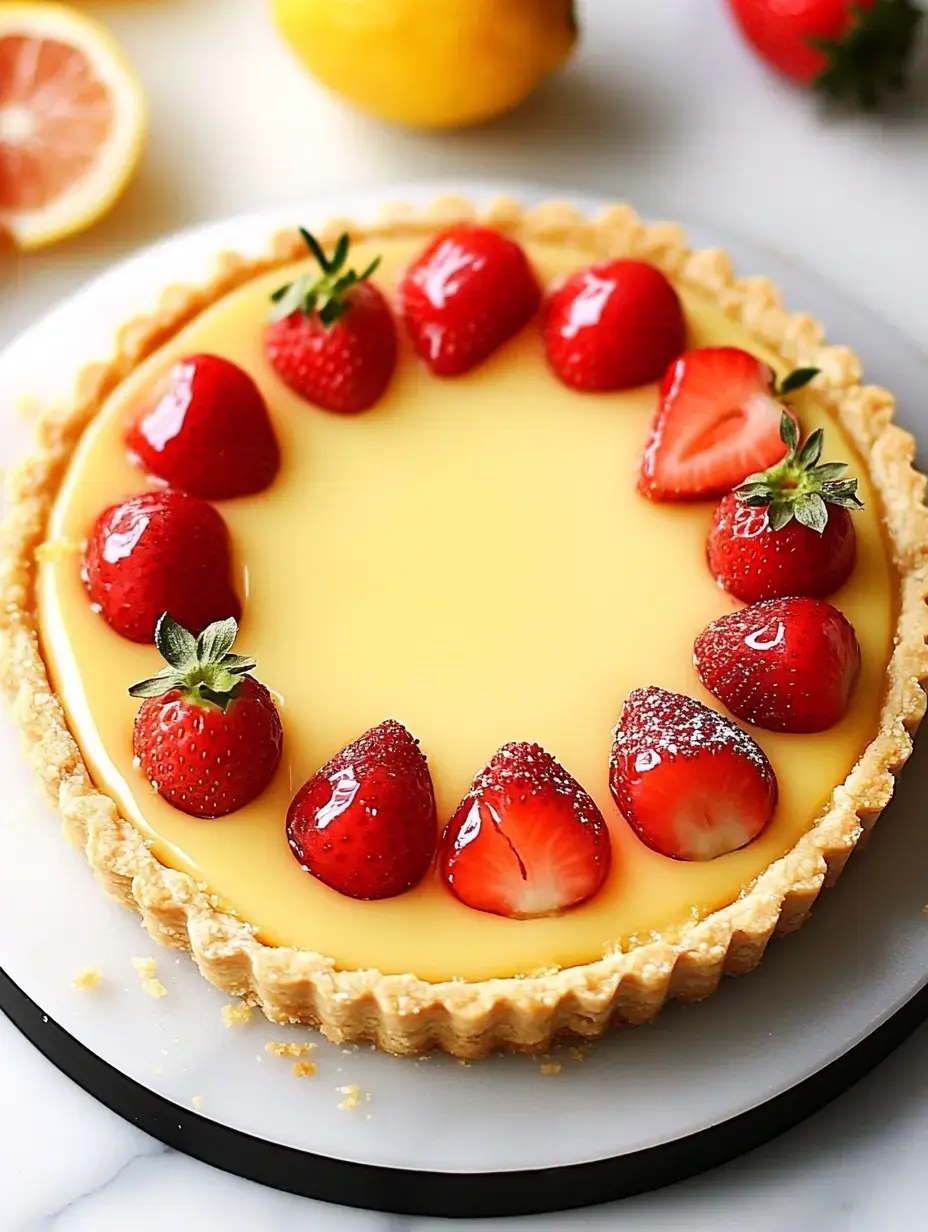 Eine cremige Zitronentarte mit frischen Erdbeeren auf runder Platte.