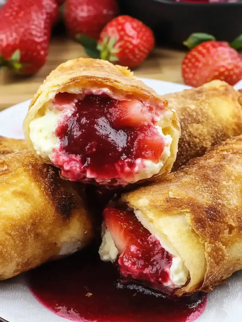 Gebackene Erdbeer-Rollen auf einem Teller, im Hintergrund frische Erdbeeren.