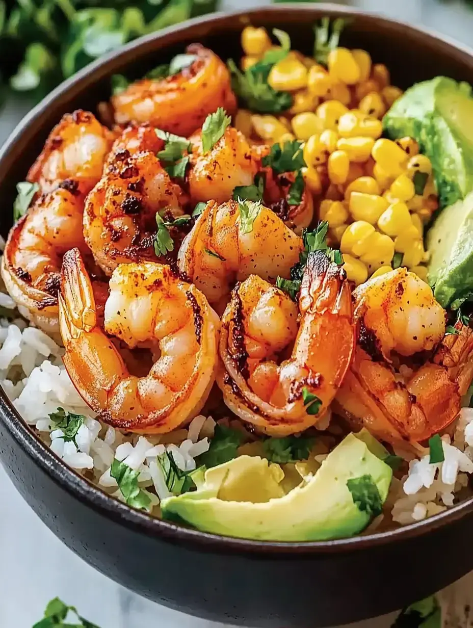 Eine Reisschüssel mit Garnelen, Mais, Avocado und Kräutern – alles frisch und knackig angerichtet.