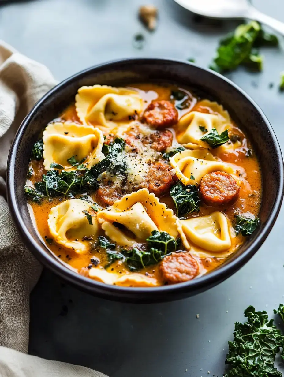 Eine Suppenschüssel mit Ravioli, Wurst, Grünkohl und etwas Käse, vor hellgrauem Hintergrund.
