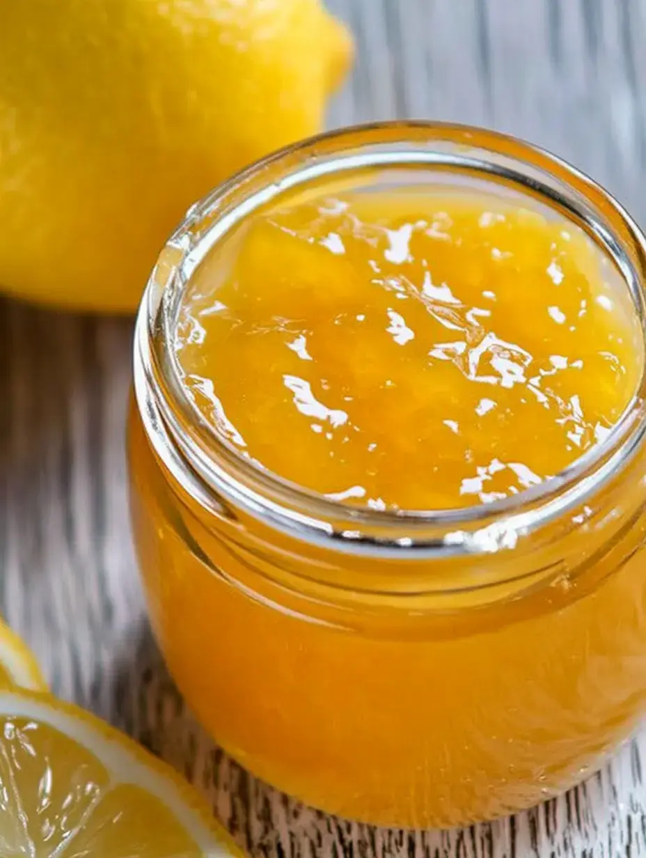 Ein Glas Zitronenmarmelade steht auf Holz, mit einer ganzen und einer halben Zitrone daneben.