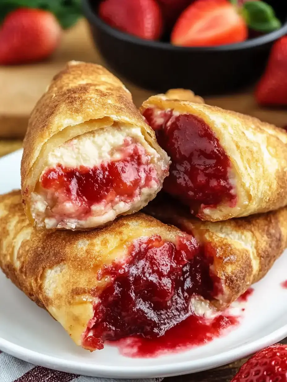 Drei goldene, knusprige Chimichangas mit Erdbeerkonfitüre und Frischkäse auf einem weißen Teller, frische Erdbeeren im Hintergrund.