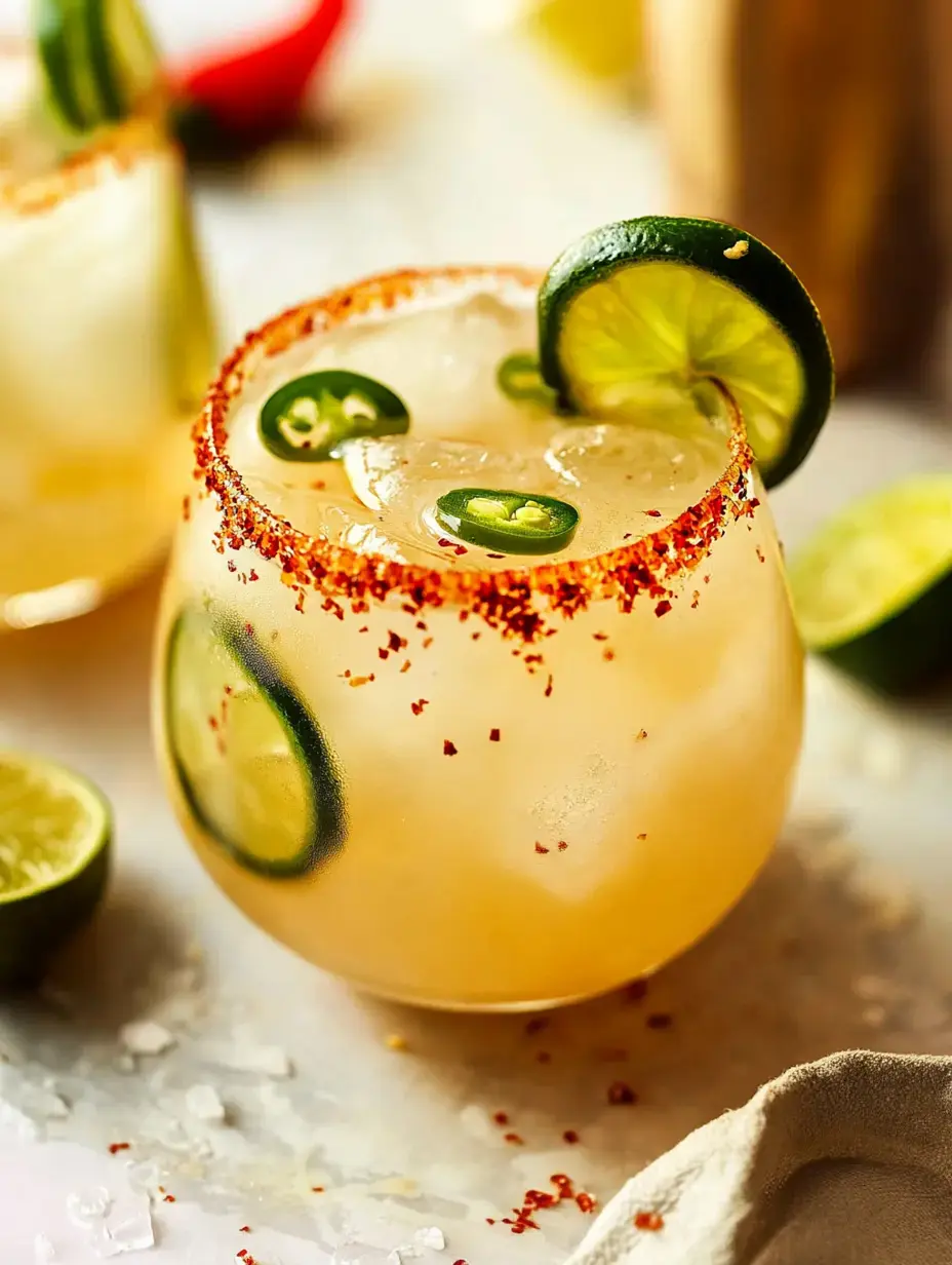Nahaufnahme eines Cocktails mit Limetten- und Jalapeñoscheiben, würzigem Rand und Limettenhälften auf Marmor.