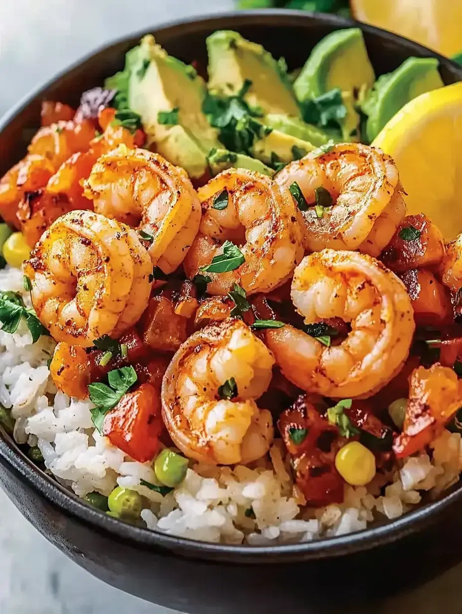 Leckere Garnelen-Bowl mit Reis, frischem Gemüse, Avocado und Zitronen – schön bunt und frisch garniert.
