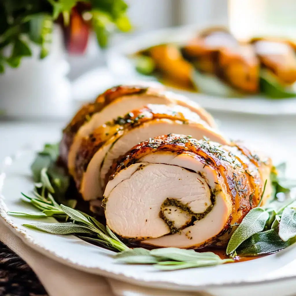 Aufgeschnittener Braten vom Huhn, mit Kräutern garniert auf einer Servierplatte.