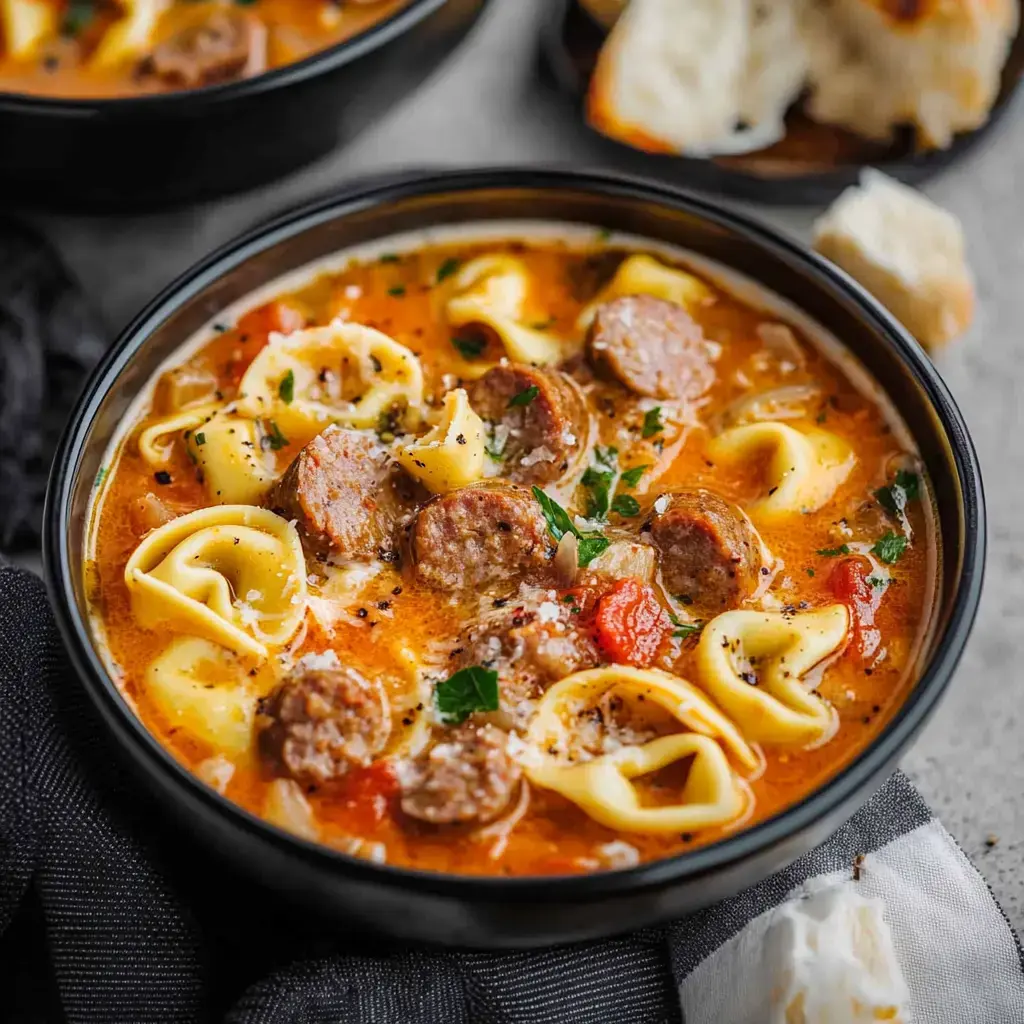 Nahaufnahme einer cremigen Tortellinisuppe mit Wurst, garniert mit Petersilie und Brotstücken.