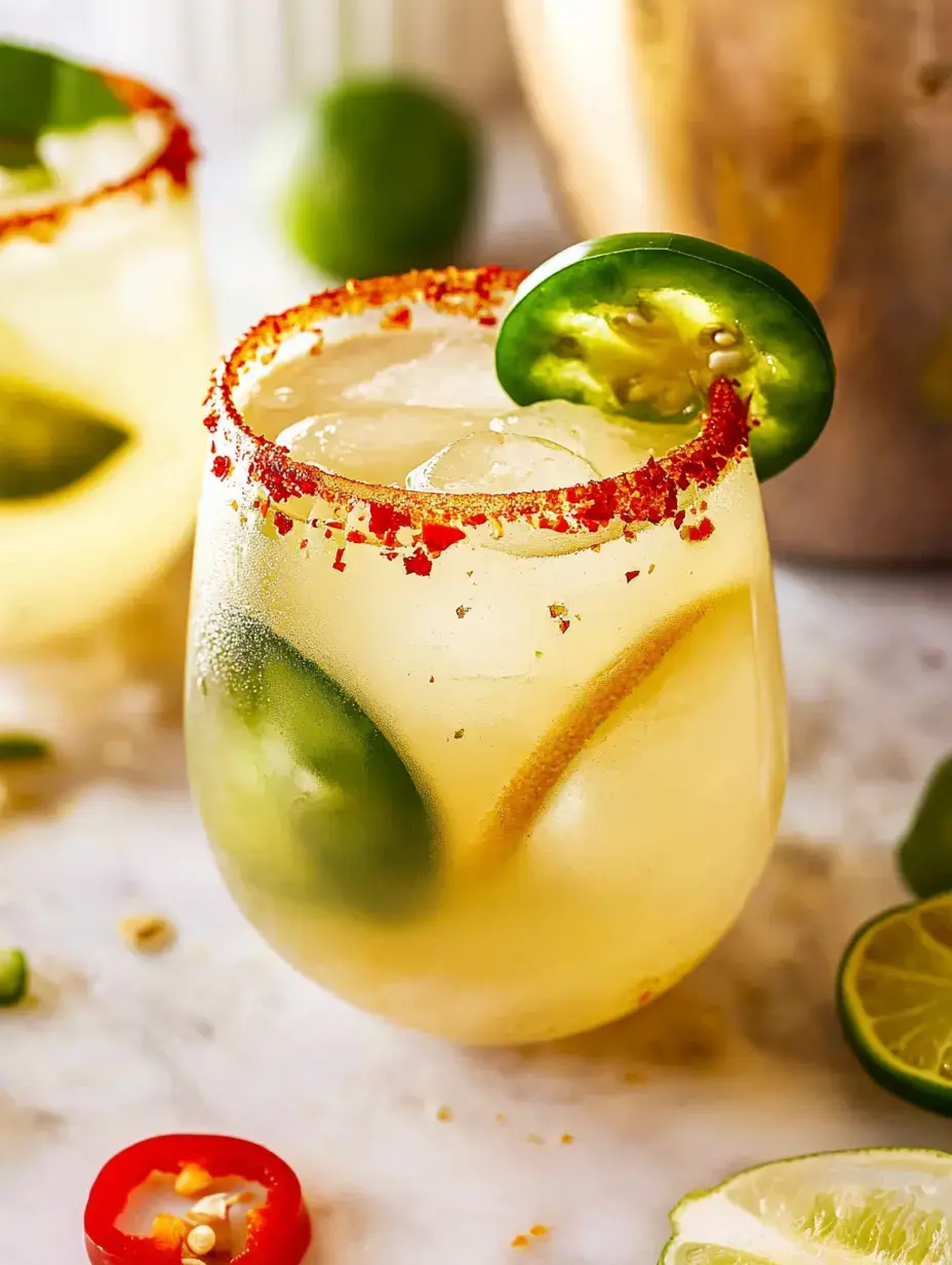 Ein Cocktail mit Salzrand, Limetten- und Jalapeñoscheiben, serviert auf Eis – richtig erfrischend.