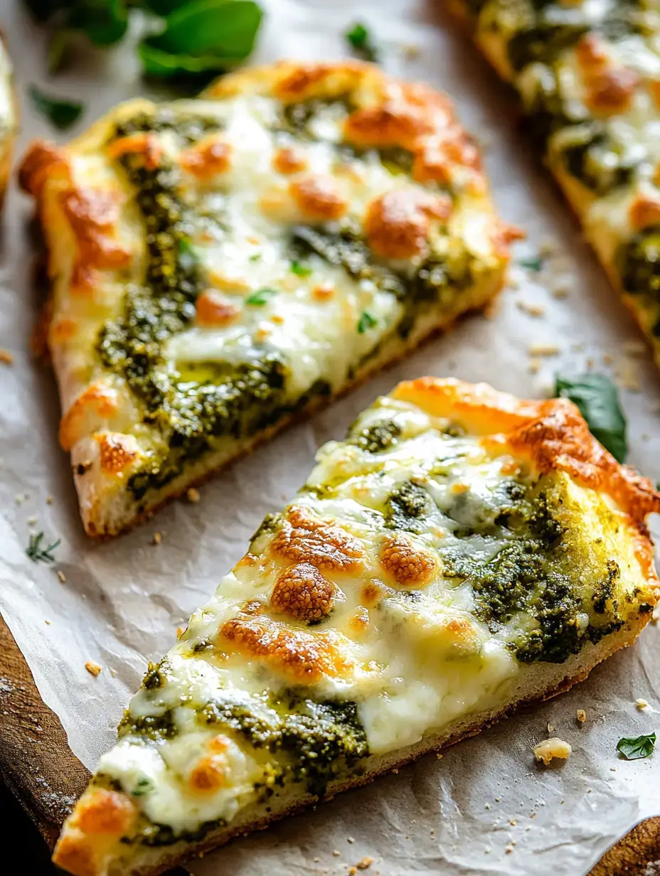 Ein Stück Pizza mit geschmolzenem Käse und Pesto, auf Backpapier liegend.