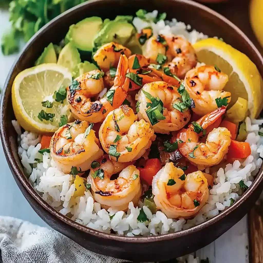 Eine Bowl mit weißem Reis, gebratenen Garnelen, frischen Kräutern, buntem Gemüse, Avocado und Zitronen – alles frisch serviert.