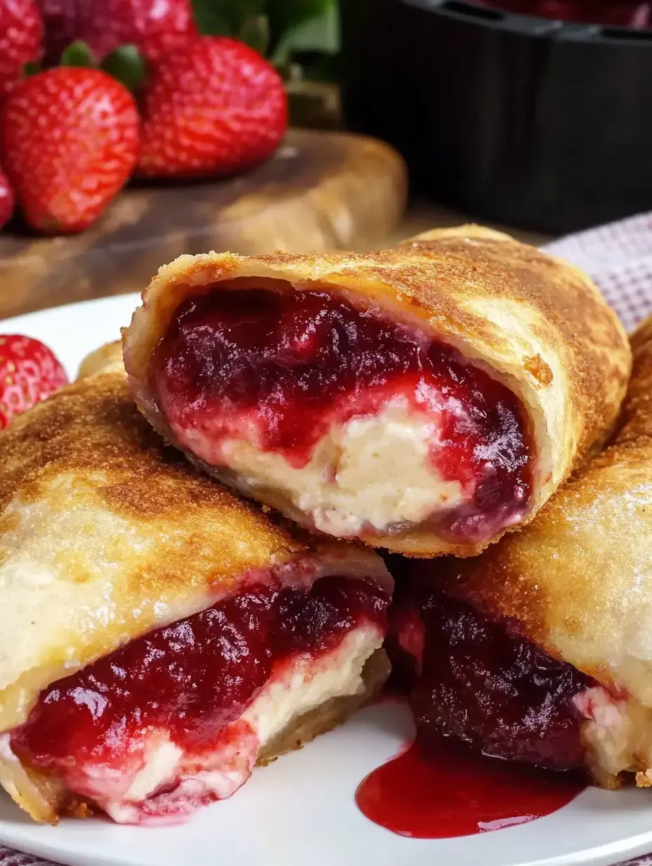 Drei goldbraune Chimichanga-Röllchen mit Frischkäse und Erdbeerkonfitüre auf einem weißen Teller, dahinter frische Erdbeeren.