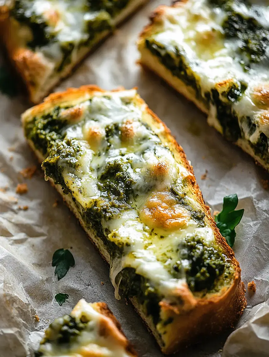 Eine Nahaufnahme von getoastetem Brot mit geschmolzenem Käse und einer leuchtend grünen Pesto-Schicht, garniert mit frischer Petersilie.