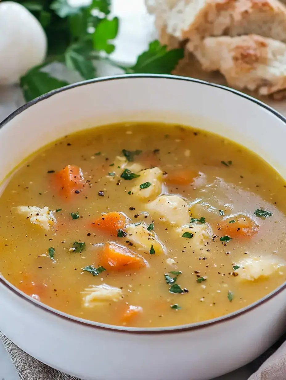 Ein Teller kräftige Suppe mit Karottenwürfeln, kleinen Klößchen und Petersilie garniert, daneben knuspriges Brot und frische Kräuter im Hintergrund.