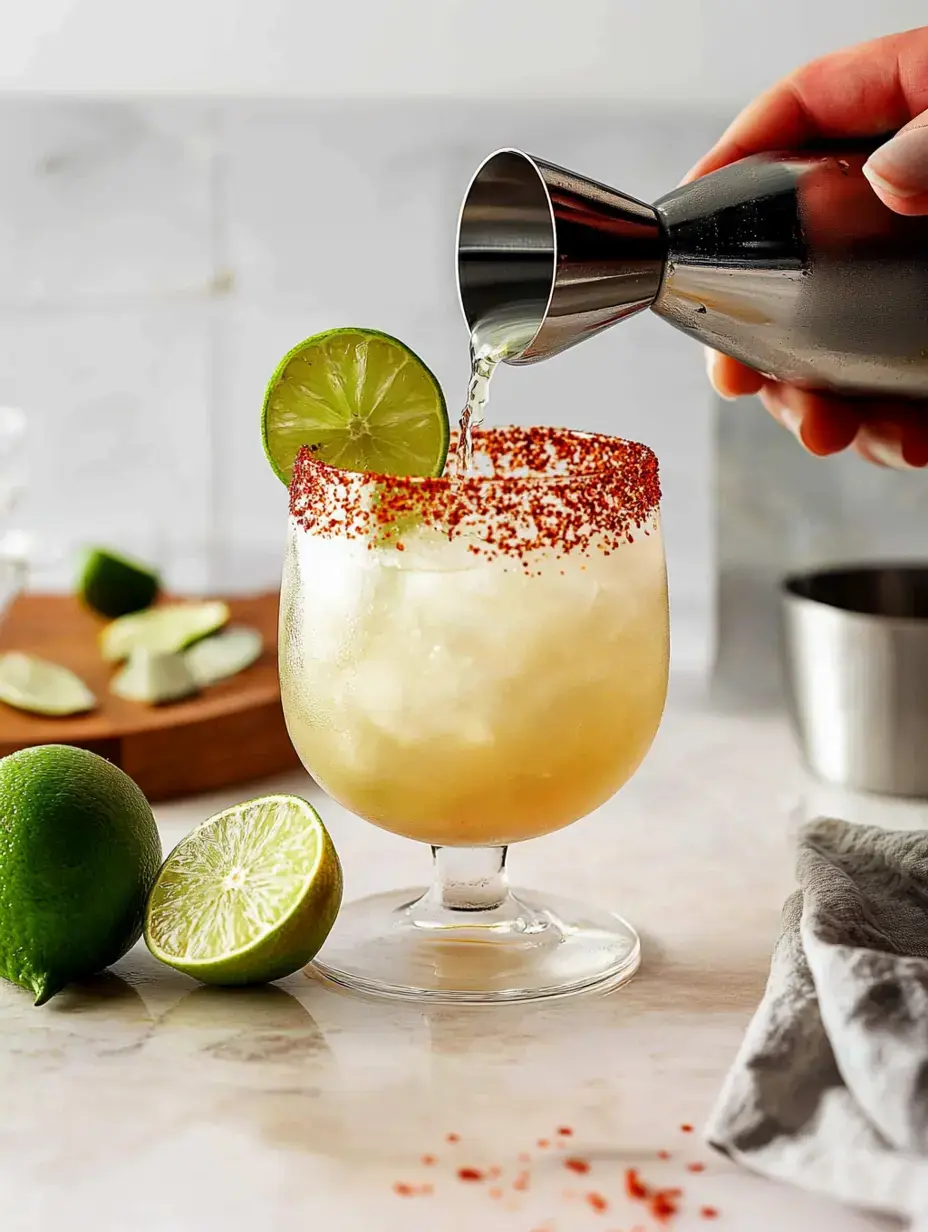 Jemand gießt einen klaren Drink in ein frostiges Glas mit rotem Rand und Limette, Limettenhälften daneben auf Marmor.