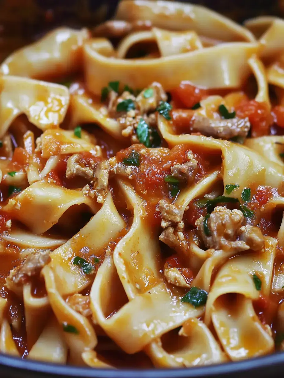 Breite cremige Nudelbänder mit würziger Wurst-Tomaten-Soße und frischen Kräutern, alles auf einen Blick.