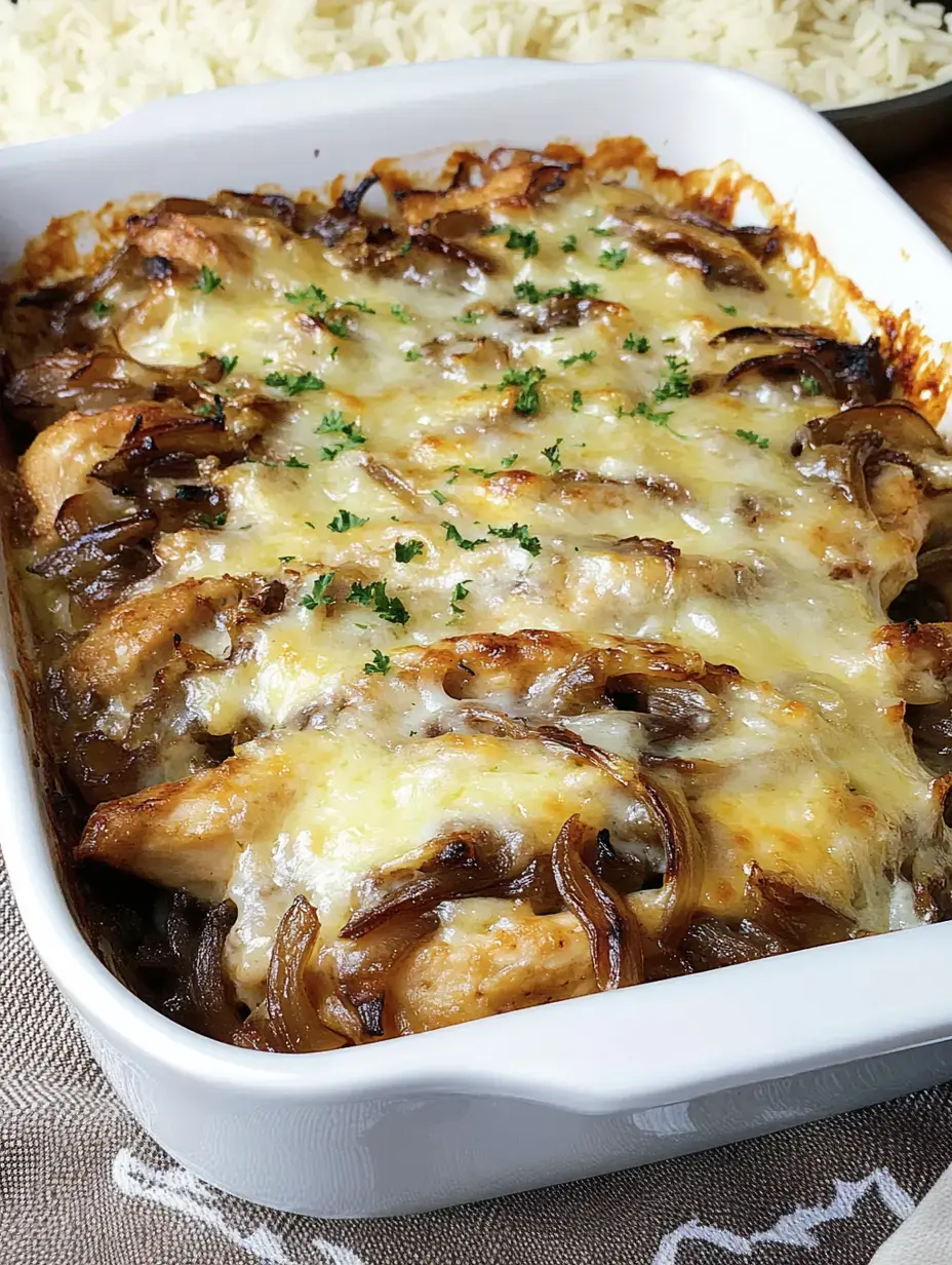 Eine cremige Hähnchen-Pilz-Pfanne mit überbackenem Käse und Petersilie, serviert in einer weißen Auflaufform.